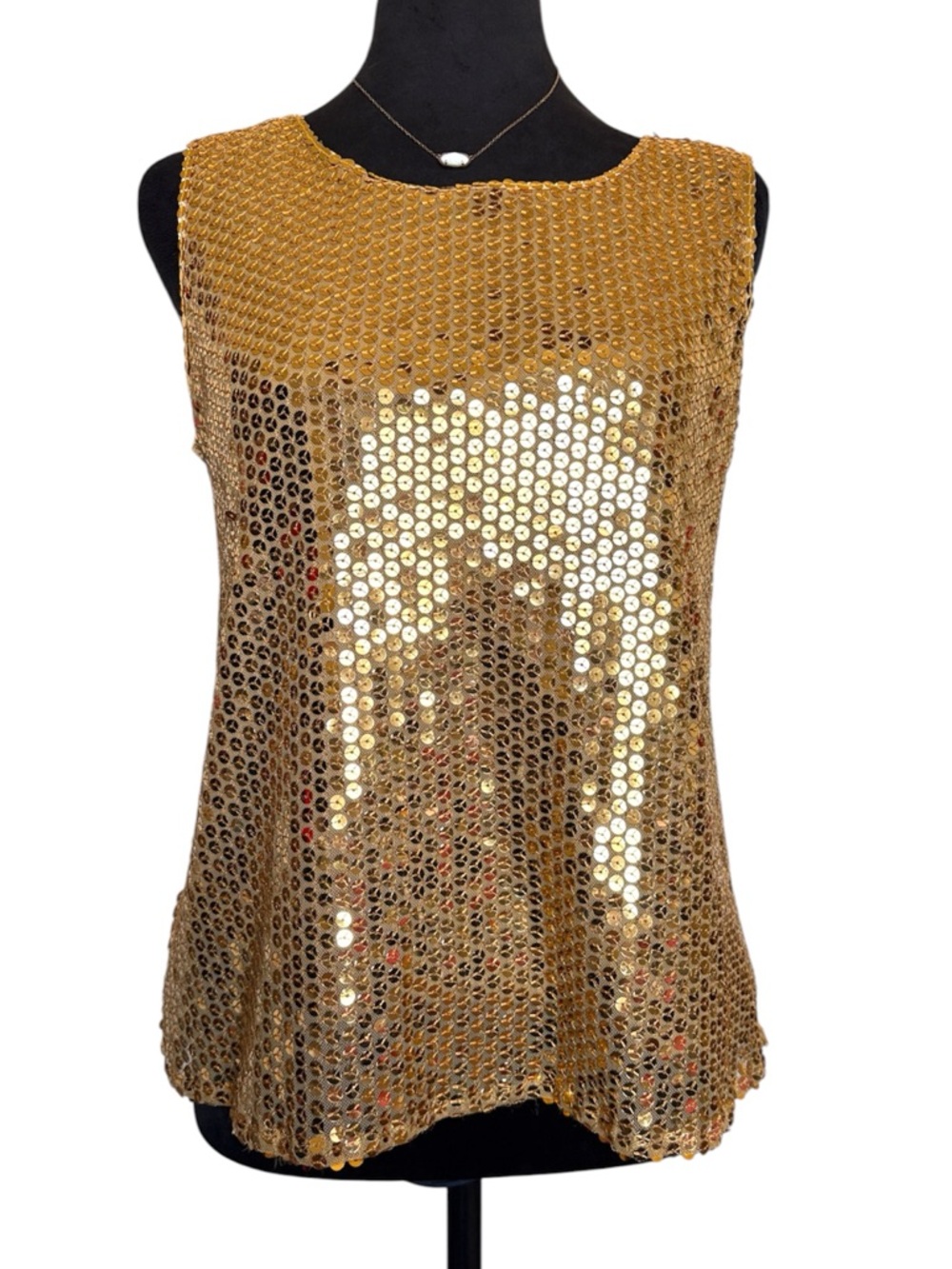 Michelle Antonelli Medium Gold Sequin Sleeveless Party Tank Top With Round Neck